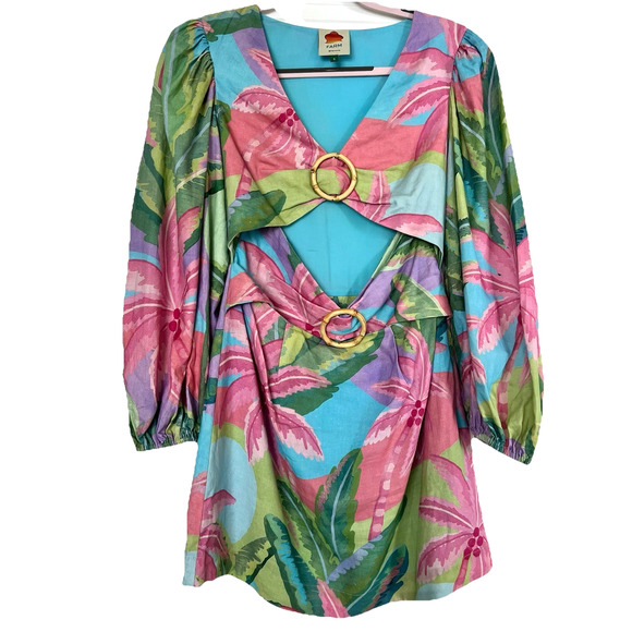 FARM RIO BEACH VIBE CUTOUT LINEN-BLEND MINI VACATION DRESS Small - Picture 2 of 11